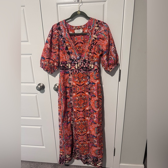 Anthropologie Orange and Red Puff Sleeve Maxi Dress Size 2 Boho - Picture 3 of 10